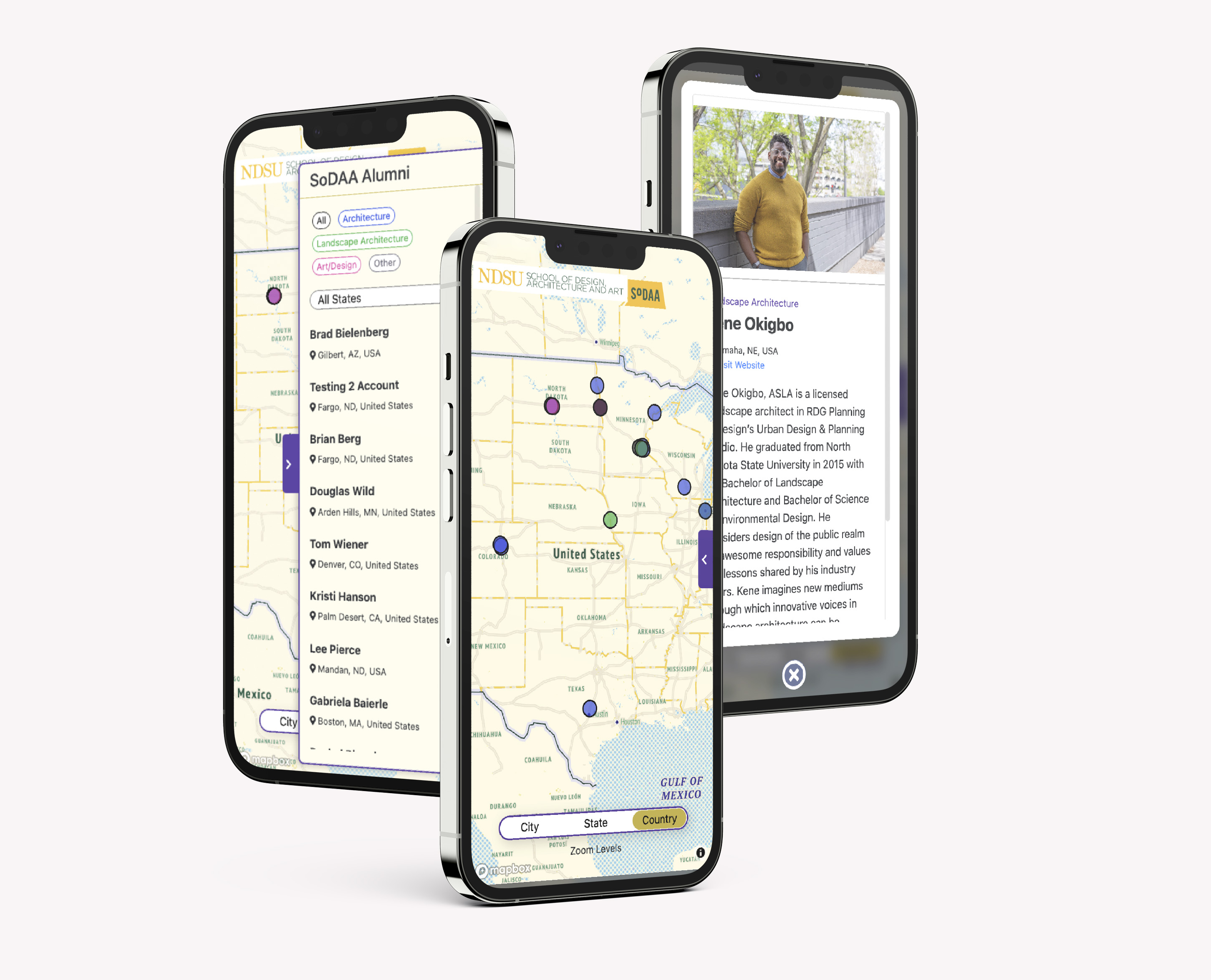 SODAA Alumni Map mobile mockups